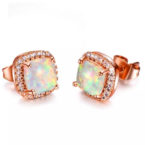 Jewelry - NEW 💎 18kt Rose Gold Fire Opal Halo Stud Earrings